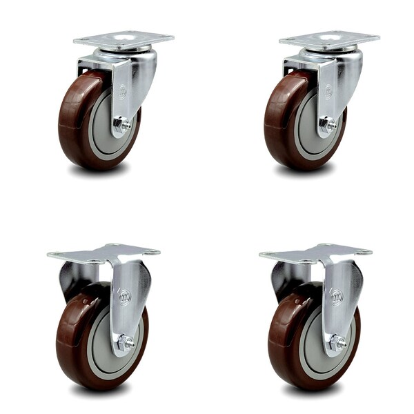 4 Inch Maroon Polyurethane Wheel Swivel Top Plate Caster Set with 2 Rigid SCC
